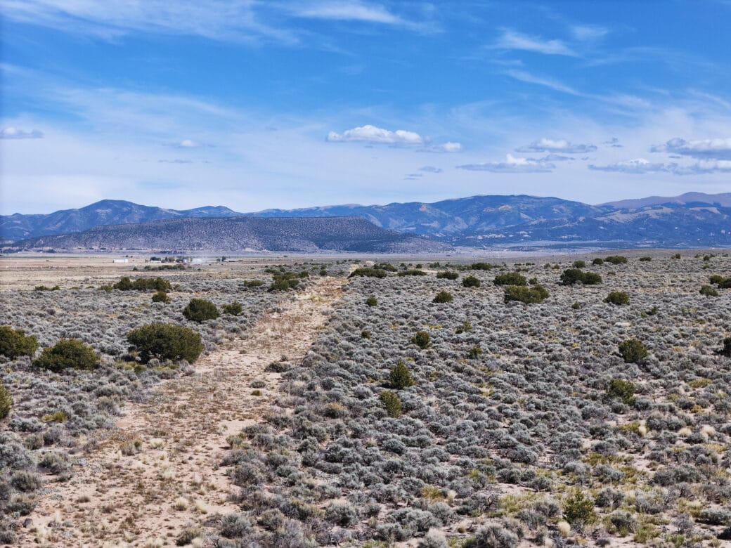 Sagebrush and juniper on a 4.96-acre parcel near Blanca in Costilla County, Colorado, with a two-track running through it and mountains behind