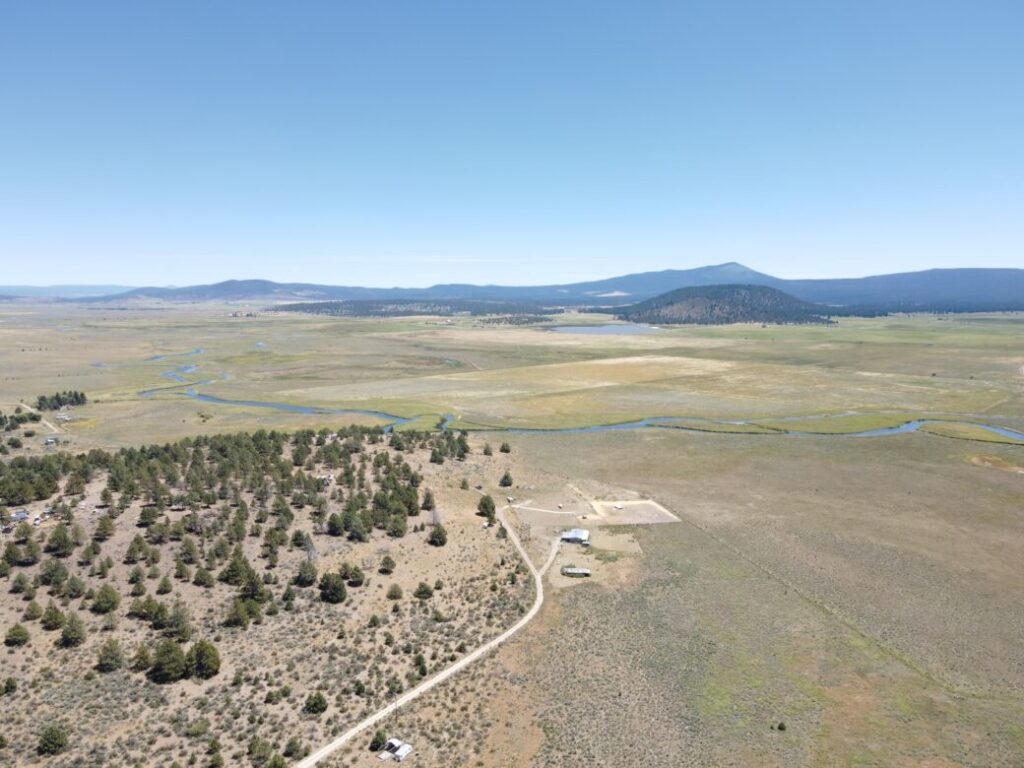 Aerial view over Klamath County, Oregon, looking toward the river winding through the valley