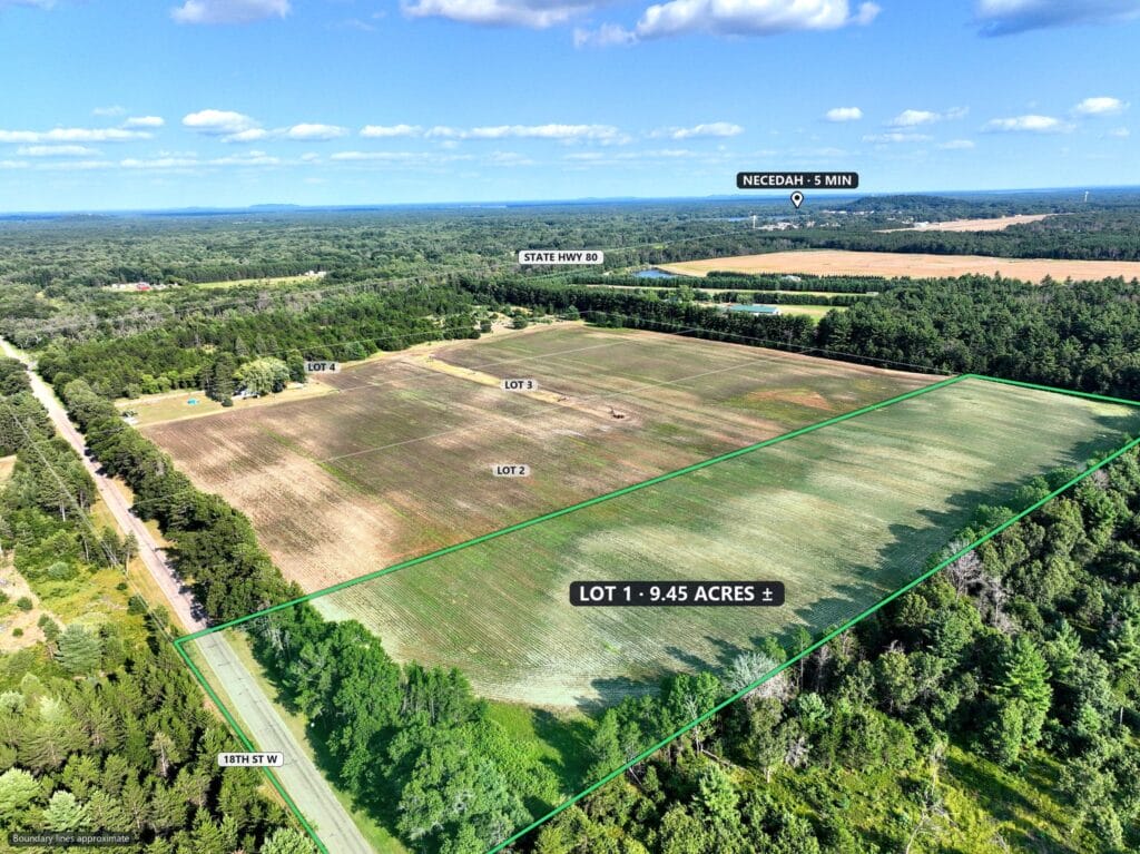 9.45-acre lot for sale in Necedah, Juneau County, Wisconsin — aerial view with the parcel boundary and acreage marked