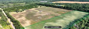 9.45-acre lot for sale in Necedah, Juneau County, Wisconsin — aerial view with the parcel boundary and acreage marked