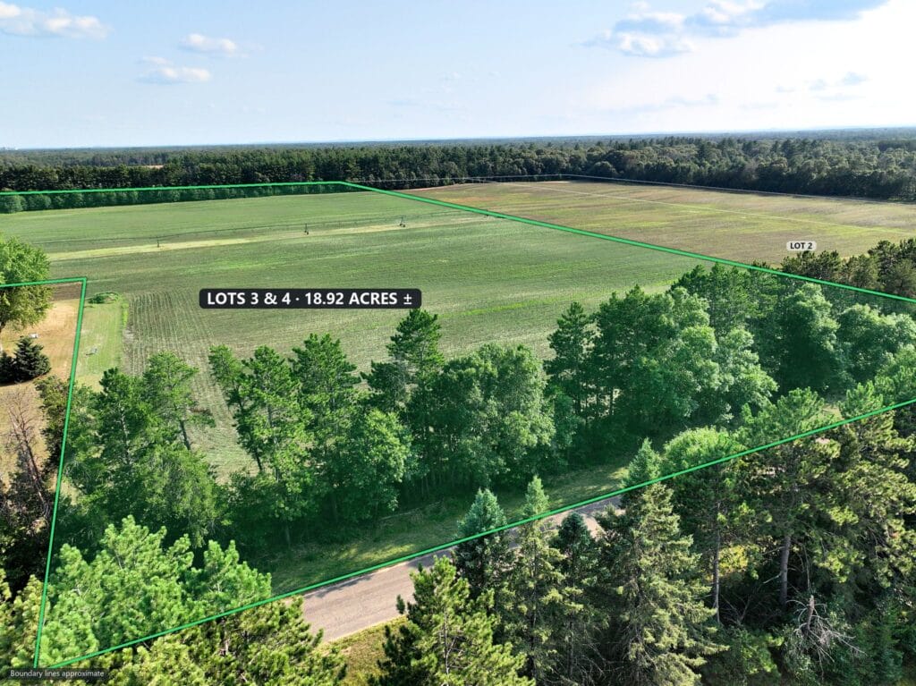 18.92-acre double lot for sale in Necedah, Juneau County, Wisconsin — aerial view with the parcel boundary and acreage marked