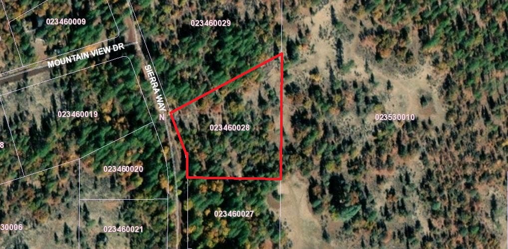 GIS aerial close-up of parcel 023-460-028-000 on Sierra Way, Fall River Mills area, Shasta County, CA — parcel boundary outlined in red