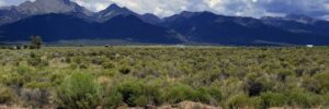 Ground-level view across native sagebrush toward the full Sangre de Cristo mountain range, Crestone area, APN 460324300062