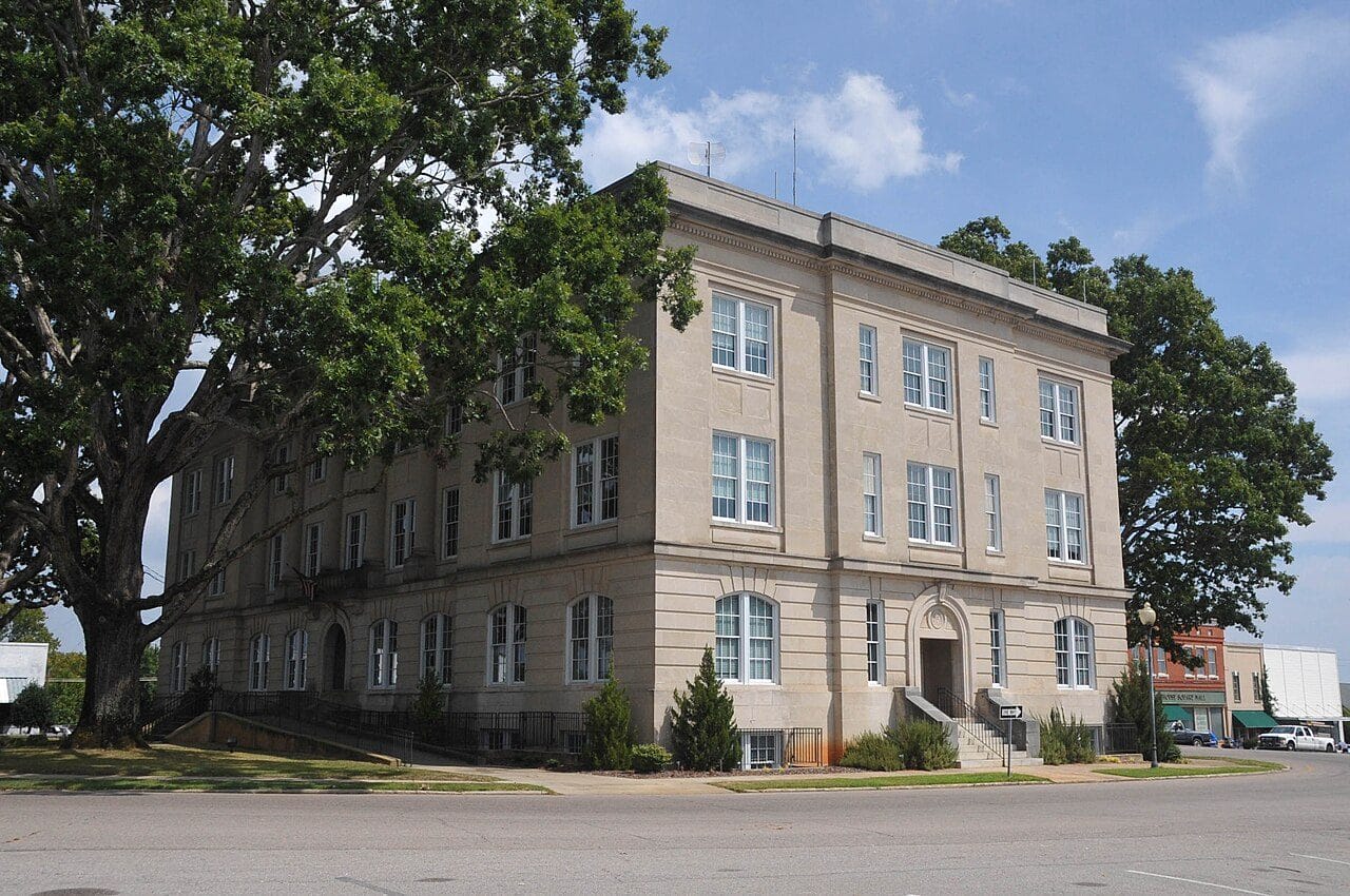 The Moore County Courthouse in Carthage, North Carolina, seen from the corner of the square