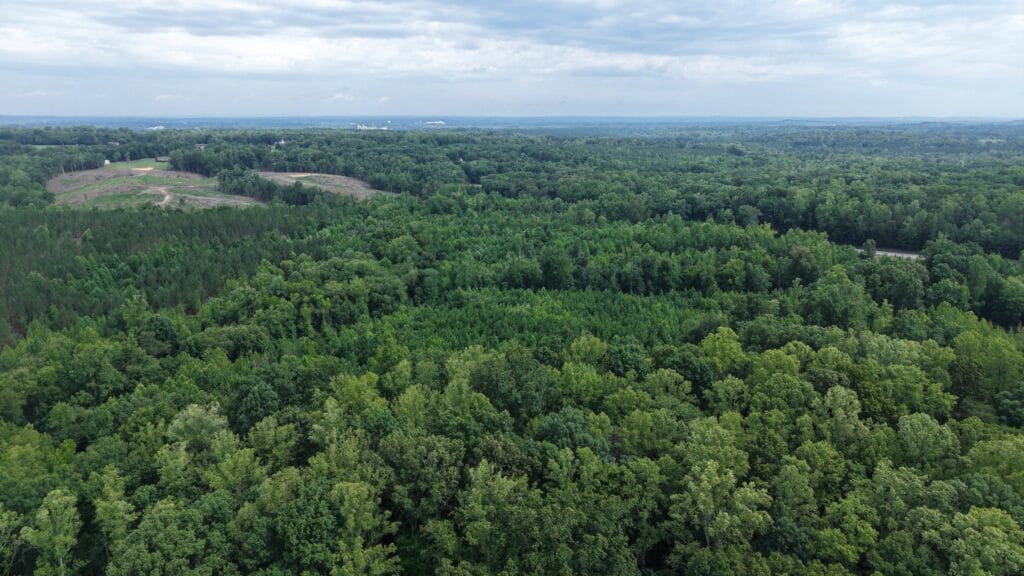 Aerial birds-eye south view over 16.99-acre wooded property, Reidsville NC (APNs 181763, 181764, 180667 Lot 1)