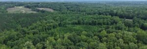 Aerial birds-eye south view over 16.99-acre wooded property, Reidsville NC (APNs 181763, 181764, 180667 Lot 1)