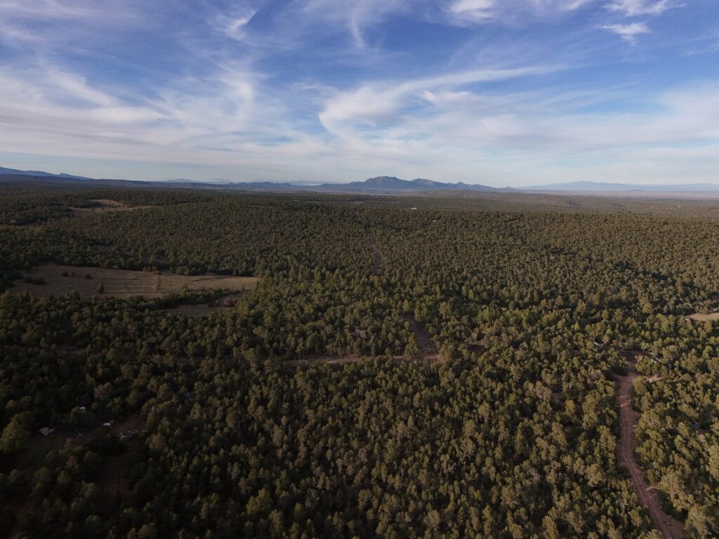 Drone aerial looking south over Manzano Springs Estates with the Manzano Mountain range rising prominently behind the piñon-juniper forest, Edgewood, NM — parcel R000982301