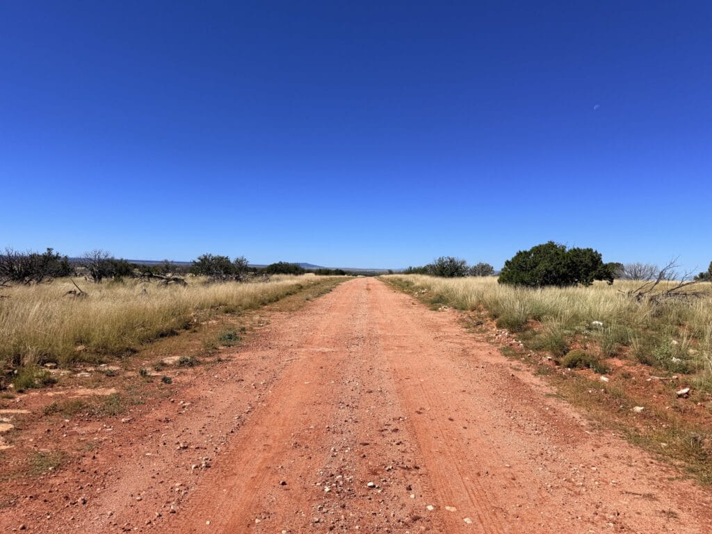 Red dirt road leading through open high desert with juniper scrub and golden grass, Navajo County AZ — parcel 111-22-195