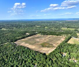 9.45-acre lot for sale in Necedah, Juneau County, Wisconsin — aerial view of the property and surrounding countryside