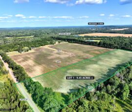 9.45-acre lot for sale in Necedah, Juneau County, Wisconsin — aerial view with the parcel boundary and acreage marked