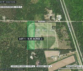 9.45-acre lot for sale in Necedah, Juneau County, Wisconsin — parcel boundary on USDA aerial imagery with roads and drive times