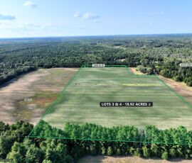 18.92-acre double lot for sale in Necedah, Juneau County, Wisconsin — aerial view with the parcel boundary and acreage marked