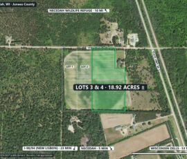 18.92-acre double lot for sale in Necedah, Juneau County, Wisconsin — parcel boundary on USDA aerial imagery with roads and drive times