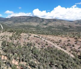 Aerial view looking toward the Sacramento Mountain range — dirt road through open scrubland surrounding the Timberon, NM lot (APN 11O4069113167045)