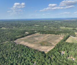 High-altitude aerial of property area with large lake reservoir visible on distant horizon, Necedah, WI (LOT 2)