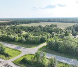 Aerial view of paved road intersection adjacent to property with green tree borders, Necedah, WI (LOT 2)