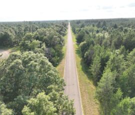 Aerial of 18th Street West paved road flanked by tall pine trees leading to property, Necedah, WI (LOT 2)