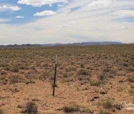 Property corner marker post on open desert scrub with mountain horizon, Blanca CO APN 70302130