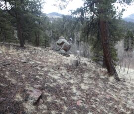 Snow-capped Rocky Mountain peaks viewed from the hillside lot, ponderosa pines and red granite boulders in the foreground — Cripple Creek area, APN R0008352